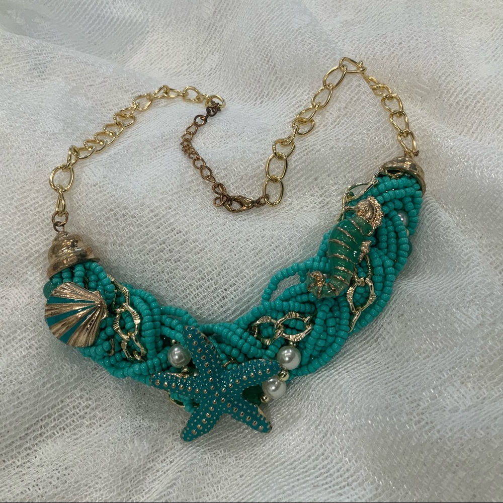STARFISH SEAHORSE SHELL braided bead statement necklace